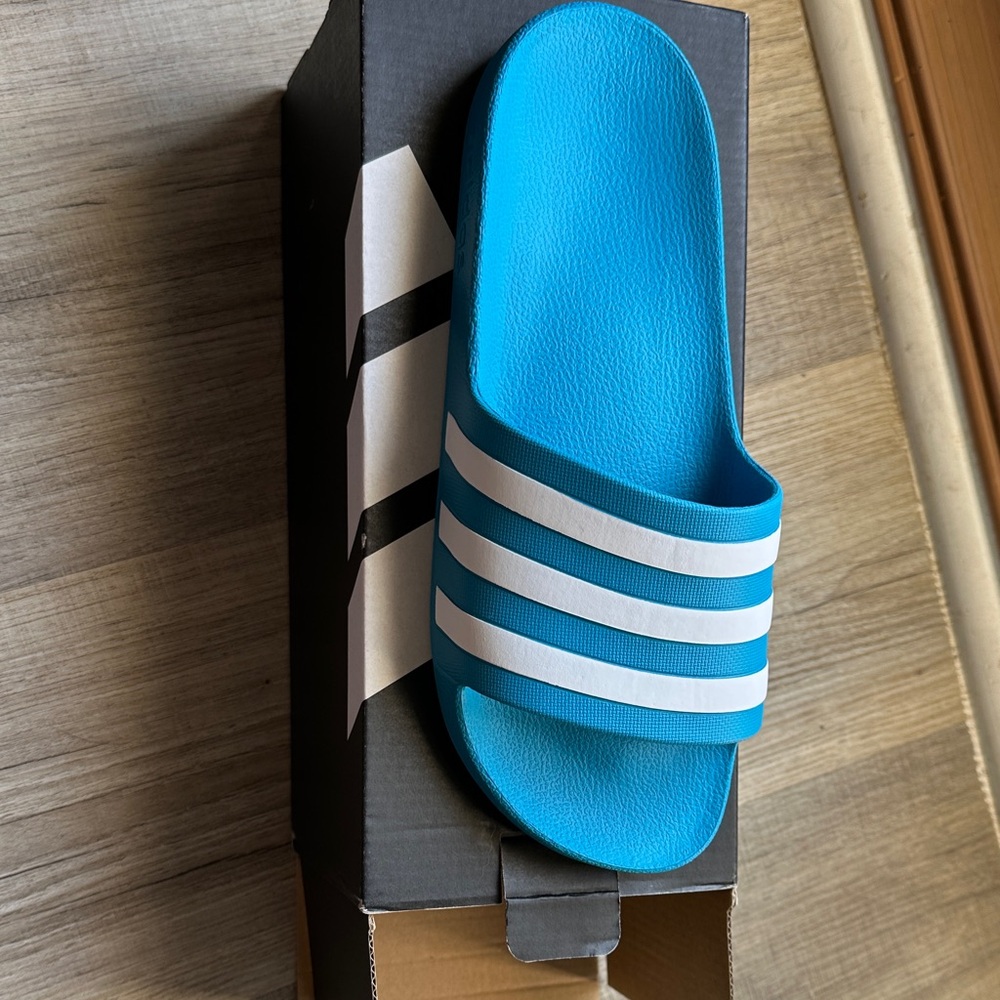 Men’s Adidas Aqua Blue Slides with White Stripes